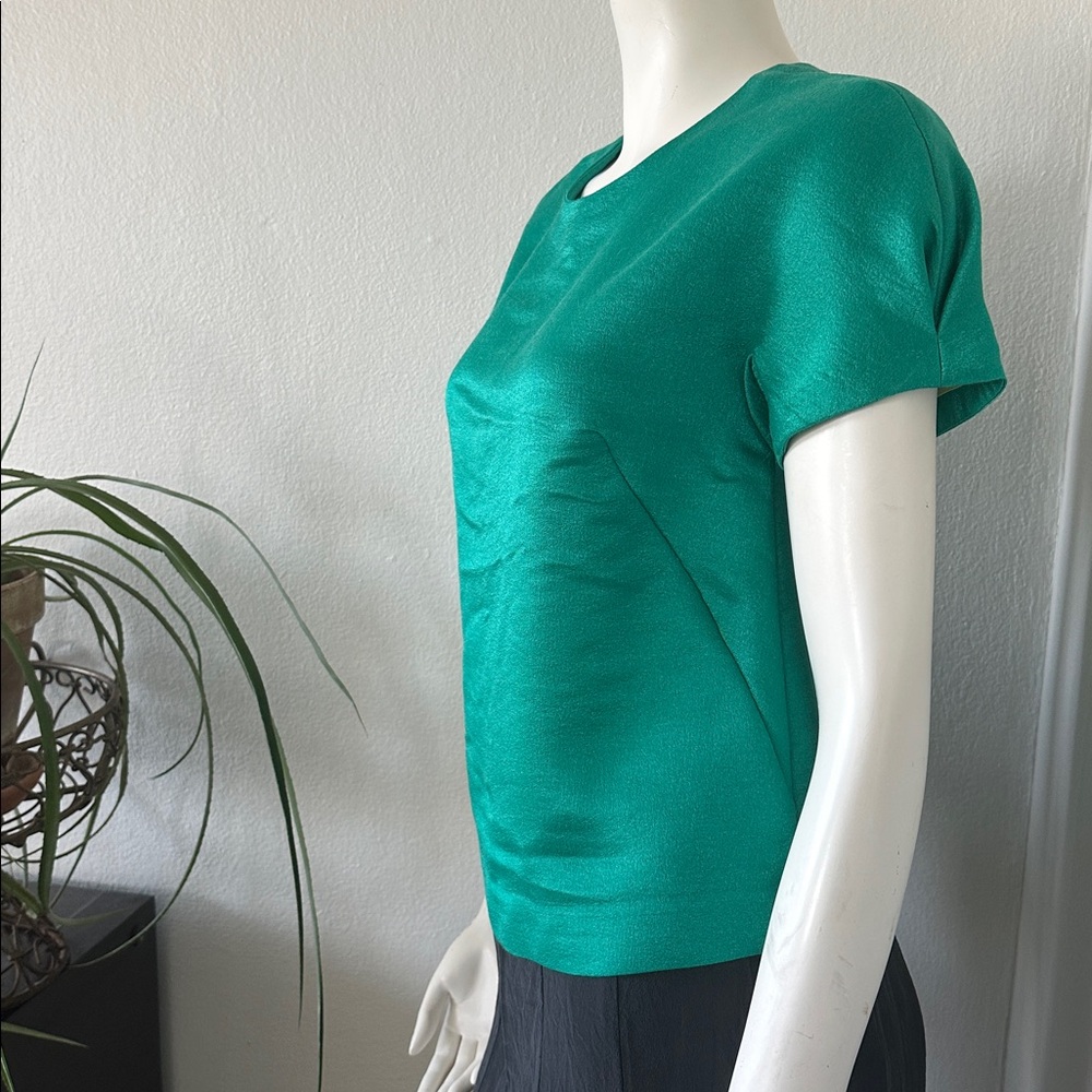 Ann Taylor Turquoise Satin Blouse XSP | Structured Short Sleeve Zip Back Top